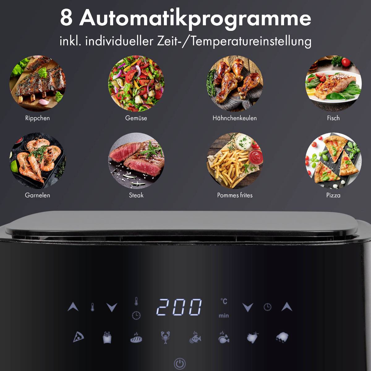 Abbildung eines Küchengeräts mit Anzeige von 8 Automatikprogrammen für verschiedene Speisen wie Rippchen, Fisch und Pizza.