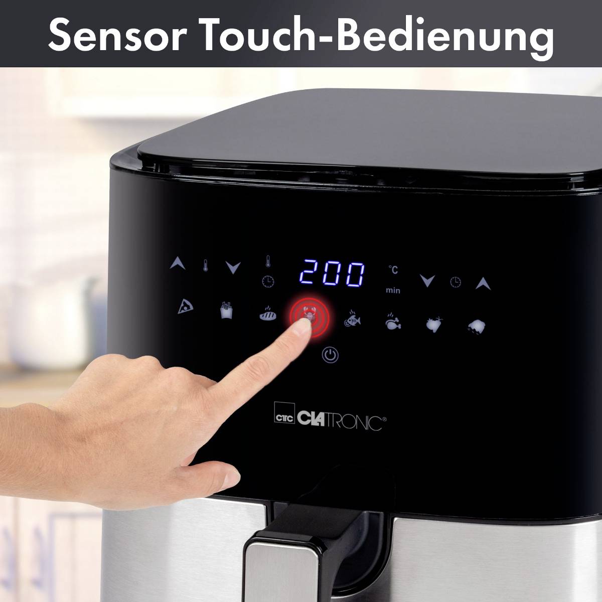 Eine Hand bedient ein digitales Bedienfeld an einem Küchengerät. Display zeigt '200°C'. Oben steht 'Sensor Touch-Bedienung'.