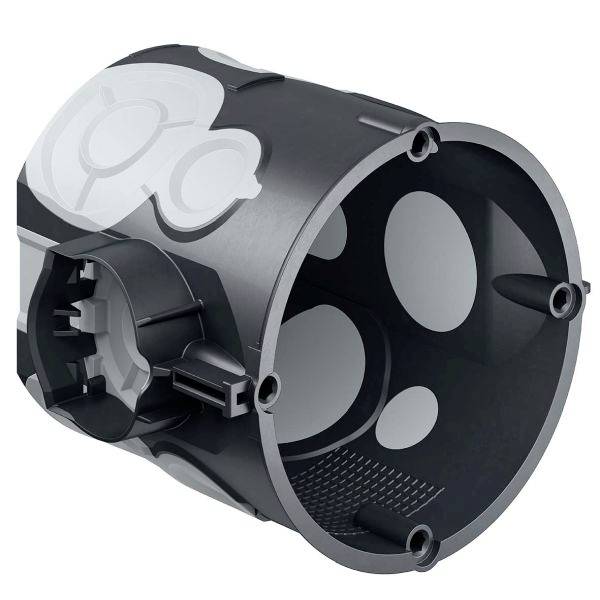 Ein schwarzes, rundes Kunststoff-Gehäuse mit Lüftungsöffnungen und Befestigungselementen, verwendet zur Elektroinstallation.