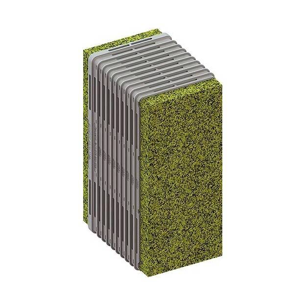 Ein vertikaler Pflanzkasten mit modularen Elementen, die begrünt sind und zur vertikalen Begrünung in städtischen Umgebungen dienen.