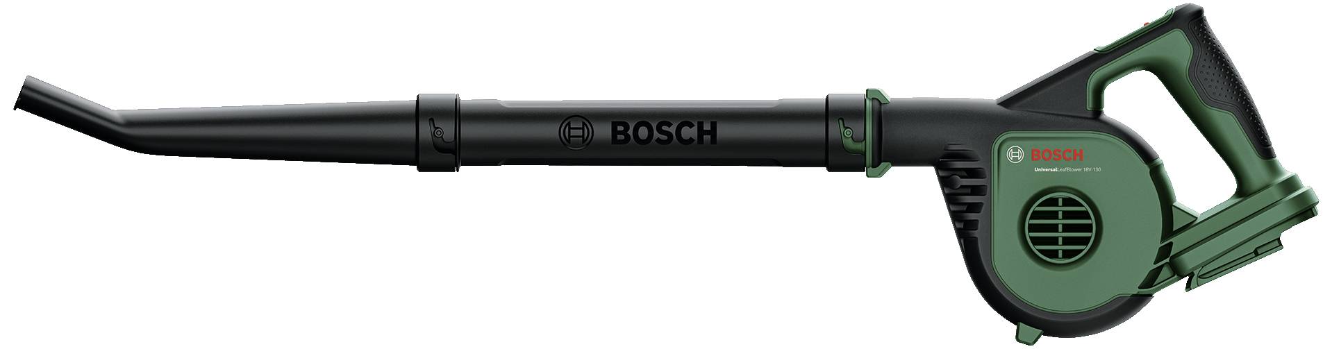 Ein grüner und schwarzer Bosch Laubbläser mit ergonomischem Griff und langem Ausblasrohr, geeignet für Gartenarbeiten.