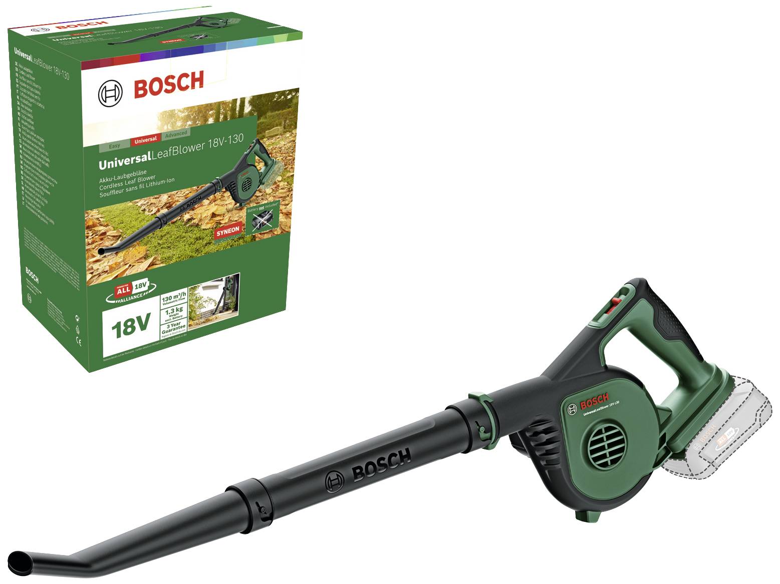 'Bosch UniversalLeafBlower 18V-130' Karton und Laubbläser zeigen das Produktdesign und die kabellose Funktionalität des Geräts.