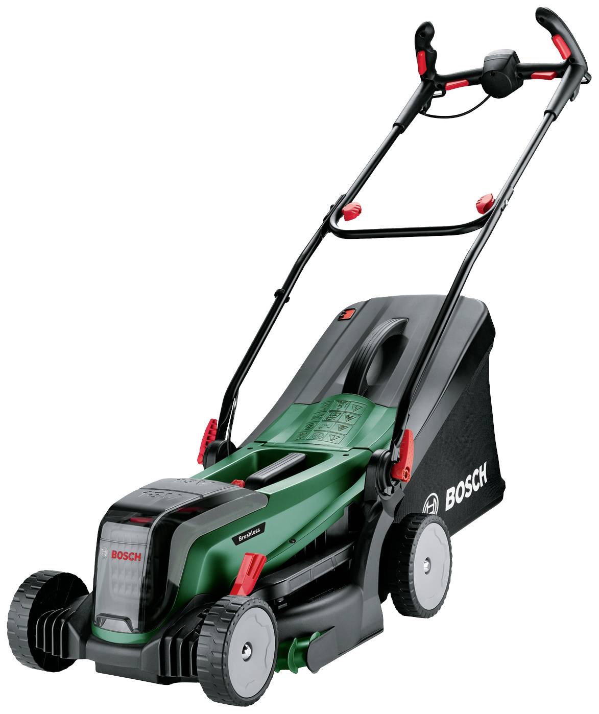Elektrischer Rasenmäher der Marke Bosch mit grün-schwarzem Design, vier Rädern und einem Grasfangkorb hinten.