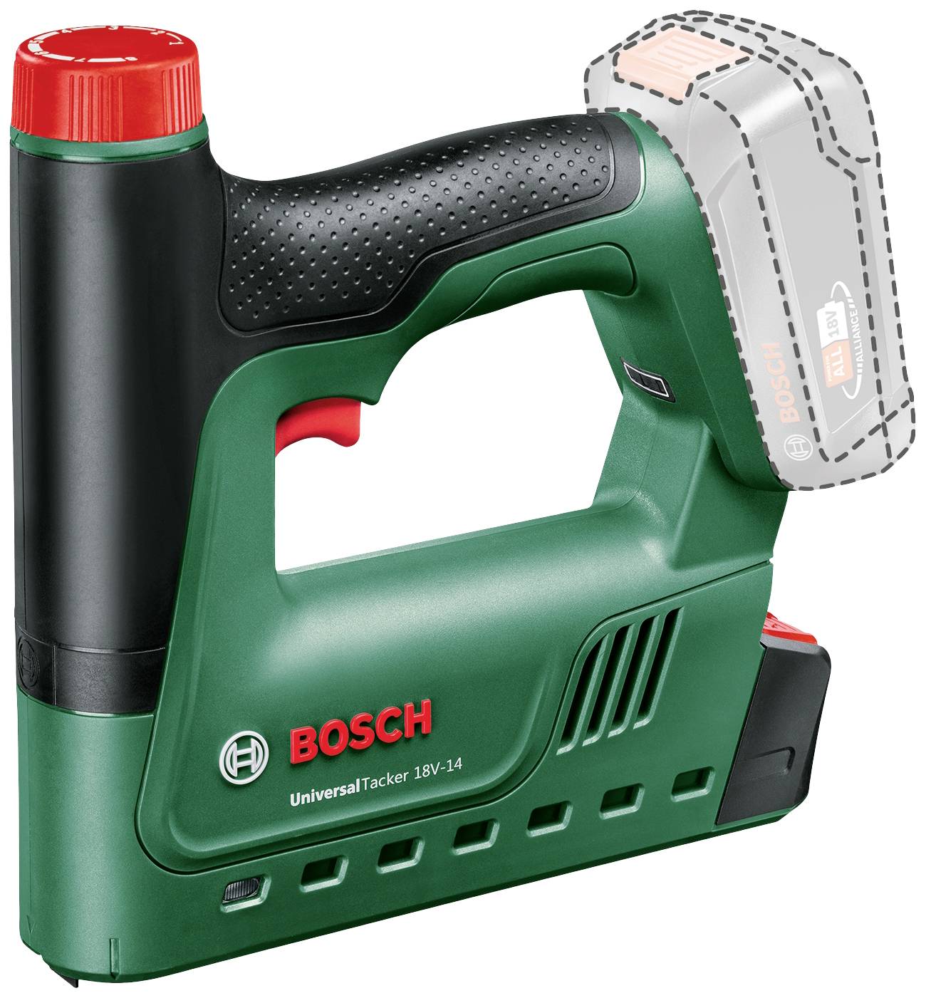 Elektrischer Tacker in Grün und Schwarz, mit rotem Auslöser. Marke 'Bosch', Modell 'UniversalTacker 18V-14'. Akkubetrieben.