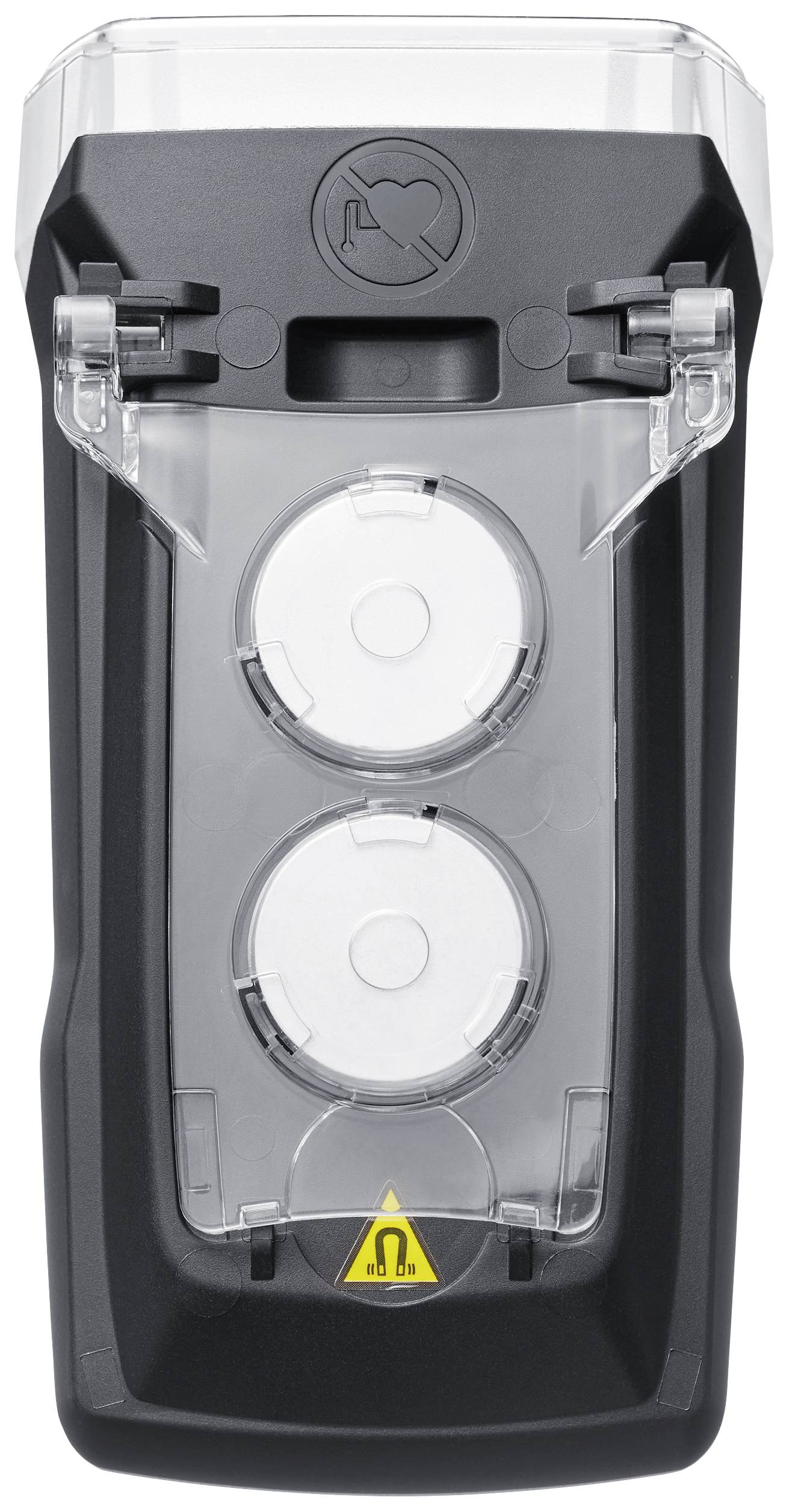 Ein schwarzes Kunststoffgehäuse mit transparentem Deckel zeigt zwei kreisförmige Objekte, eventuell Batterien oder Elektroden. Oben ist ein Herzsymbol sichtbar.