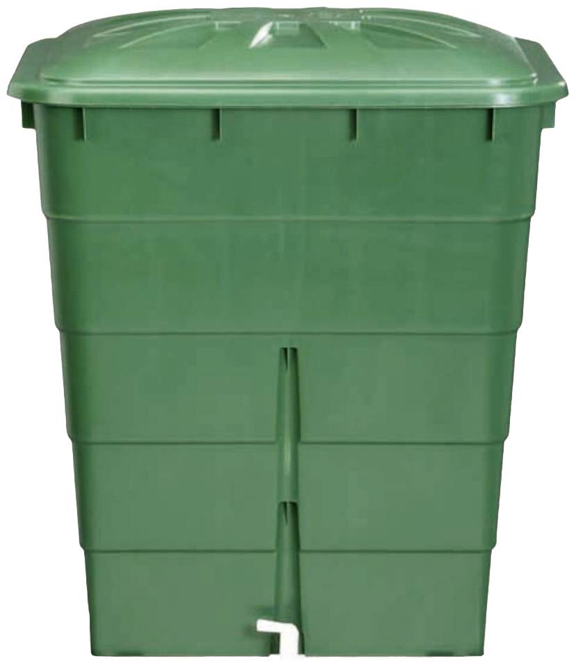 Ein grüner Plastik-Regenwassertank mit Deckel und Abfluss unten.