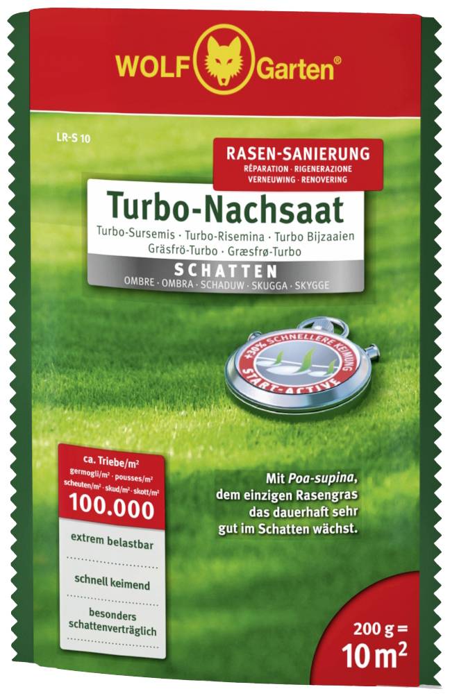 Packung mit 'Turbo-Nachsaat' für Schattenrasen von WOLF Garten. Bedeckt bis zu 10 m², geeignet für stark beanspruchte Flächen.