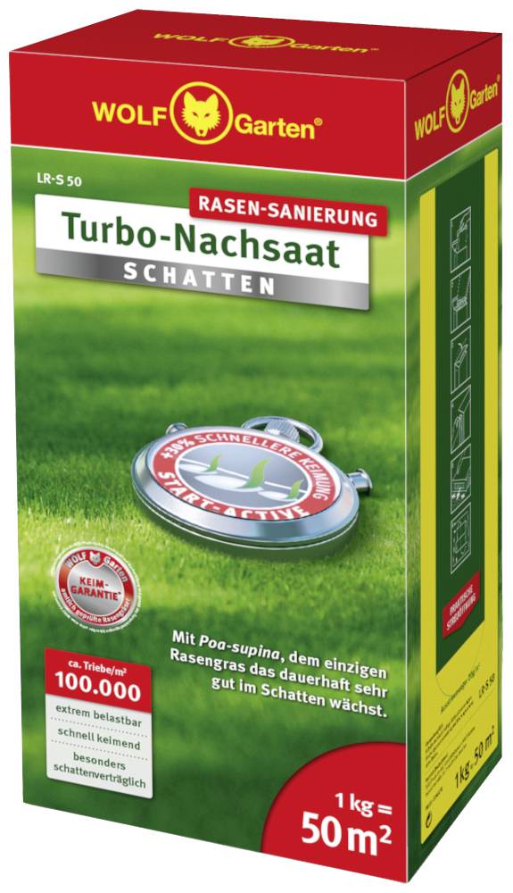 Packung WOLF-Garten Turbo-Nachsaat für Schattenrasen, 1 kg, deckt 50 m² ab. Besonders belastbarer und schattenverträglicher Rasensamen mit Keimgarantie.