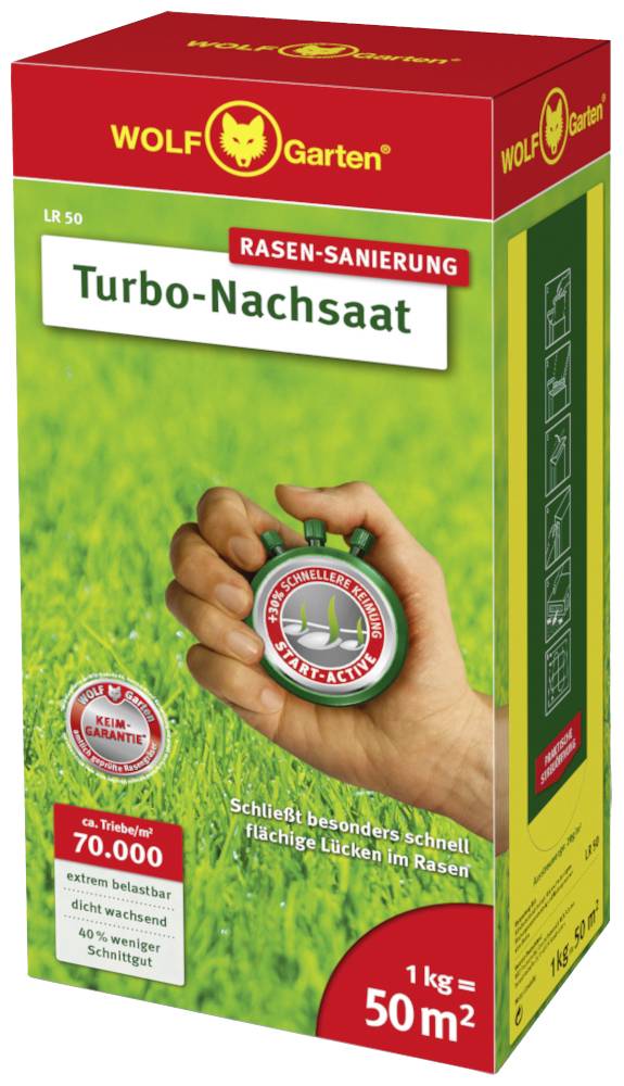 Produktverpackung von 'WOLF-Garten Turbo-Nachsaat'. Grüner Rasen-Untergrund, rote und gelbe Elemente auf der Schachtel, 50 m² Abdeckung.