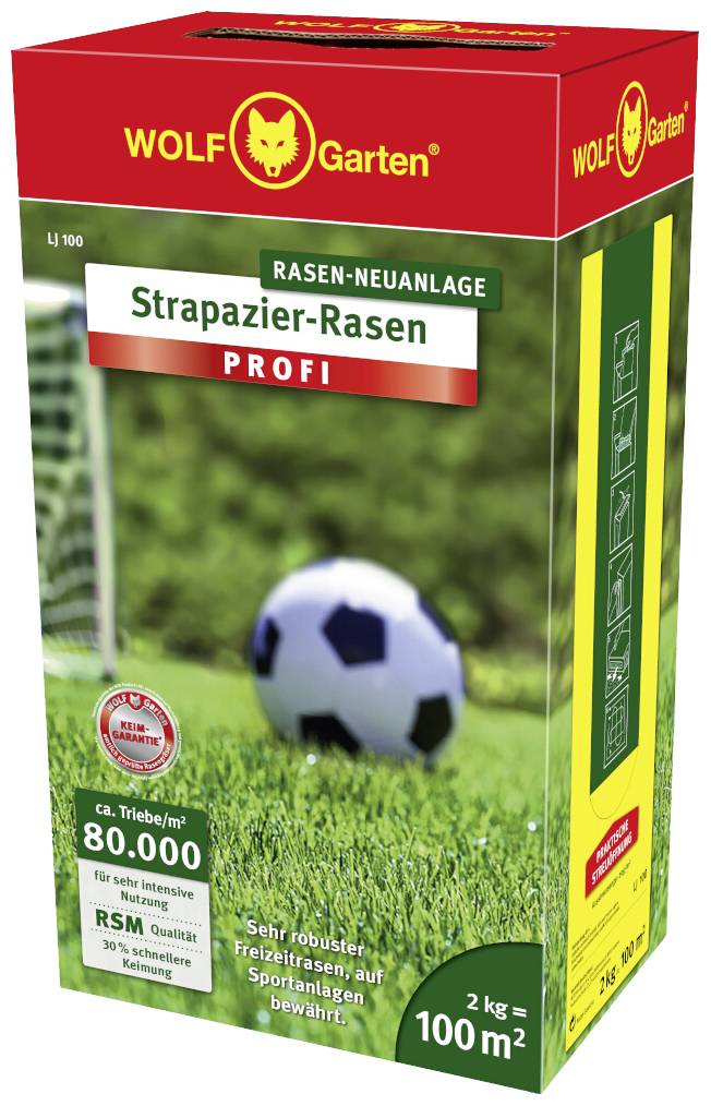 Verpackung eines Rasen-Saatguts von WOLF Garten. Produktname: 'Strapazier-Rasen Profi', geeignet für 100 m² Fläche. Enthält 2 kg Saatgut.