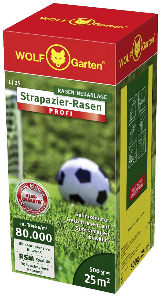 Verpackung des 'WOLF-Garten Strapazier-Rasen' mit Fußballmotiv und Angaben zur Fläche (25 m²), Saatgutmischung und Keimgarantie.