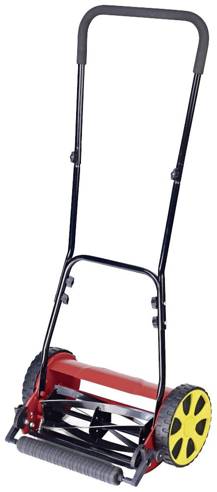 Ein roter mechanischer Spindelmäher mit gelben Rädern und einem schwarzen Griff. Ideal zum manuell Rasenmähen.