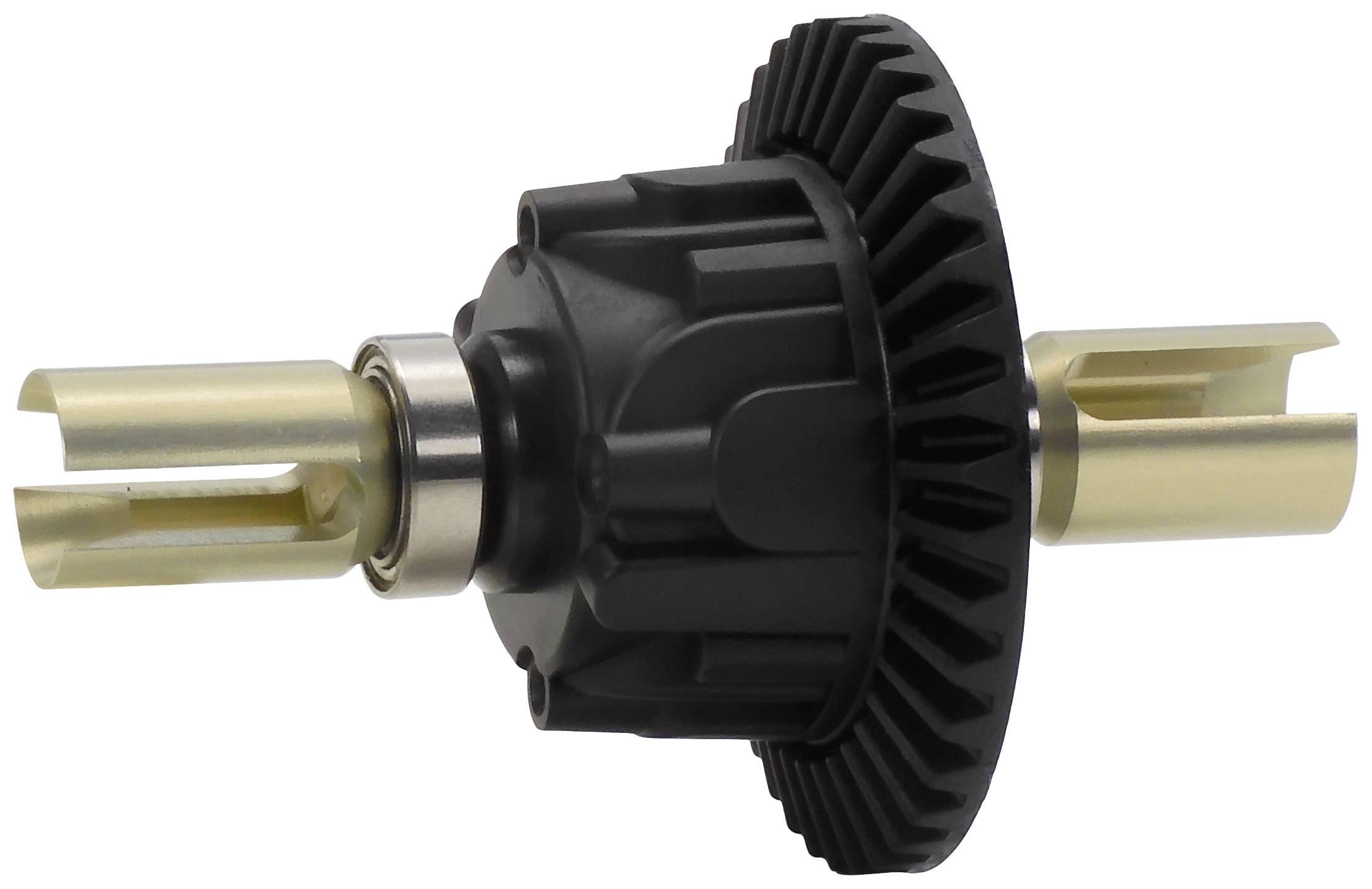 Schwarzes Zahnrad-Getriebeteil mit Messingzylindern an beiden Enden, Detailaufnahme zur Veranschaulichung mechanischer Komponenten.