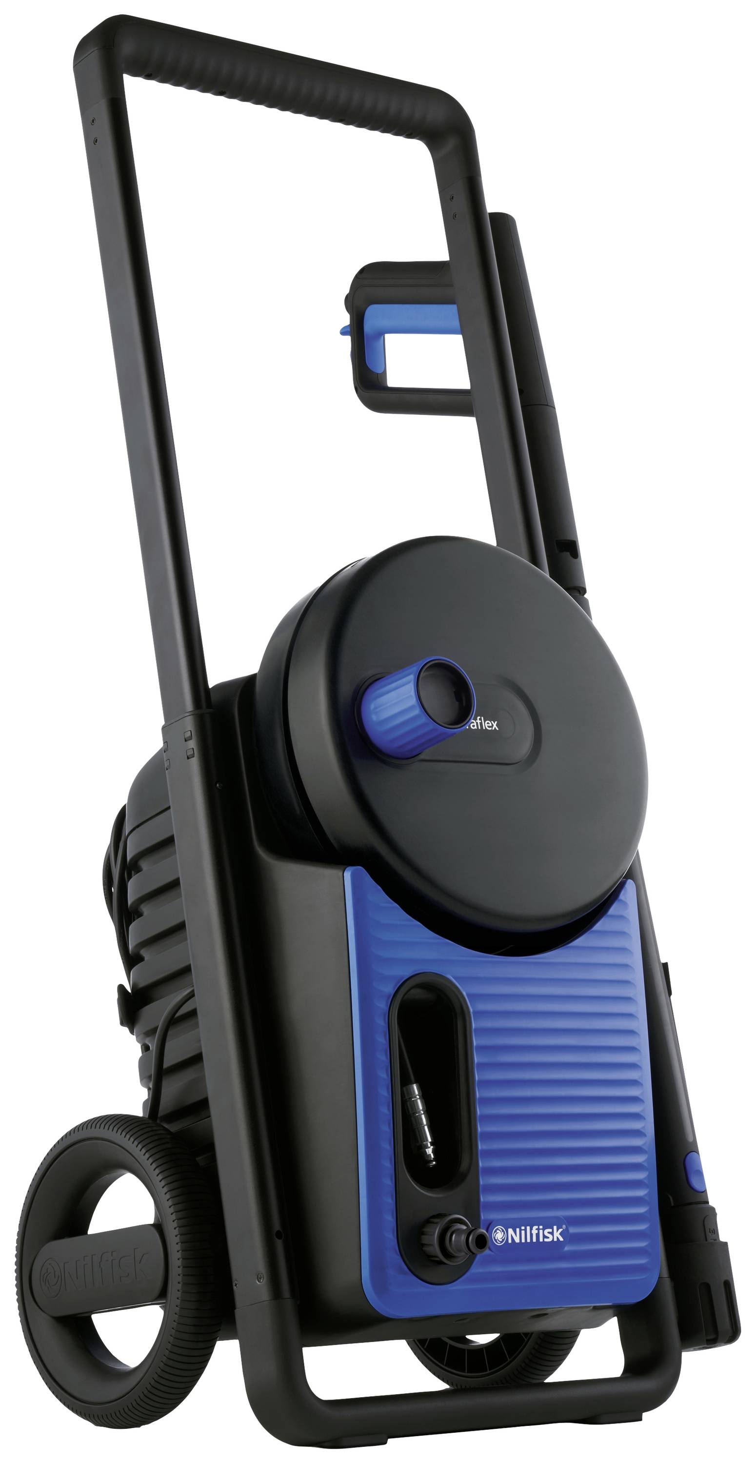 Hochdruckreiniger mit Rädern, Marke Nilfisk. Schwarzes und blaues Design, kompakte Bauweise. Geeignet für Reinigungsarbeiten im Freien.