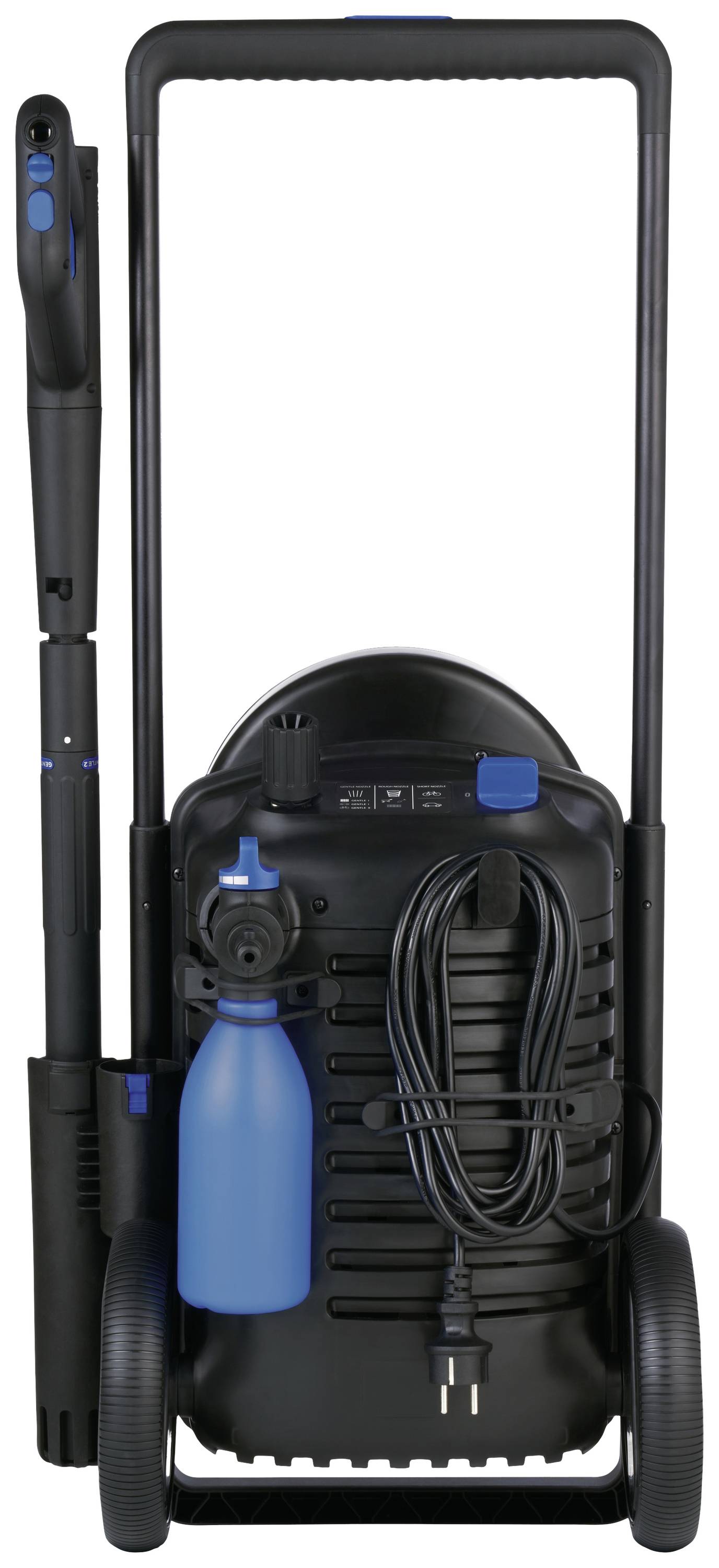 Ein Hochdruckreiniger mit blauer Sprühflasche und Kabelaufwicklung auf Rädern, geeignet für Reinigungsarbeiten im Freien.