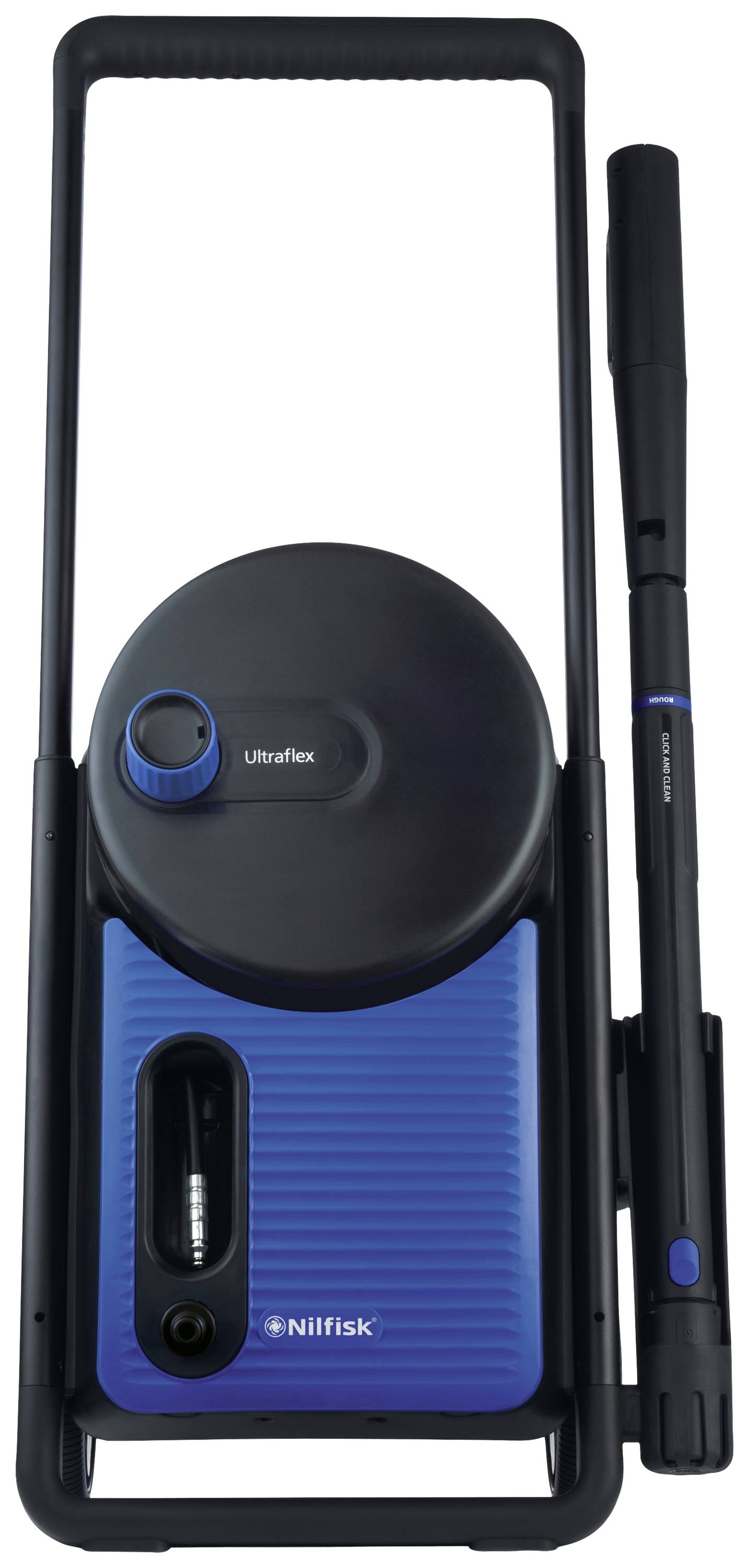 Tragbarer Hochdruckreiniger, blau und schwarz, mit einem schlanken Design und einer markierten Griffstange für einfache Handhabung.