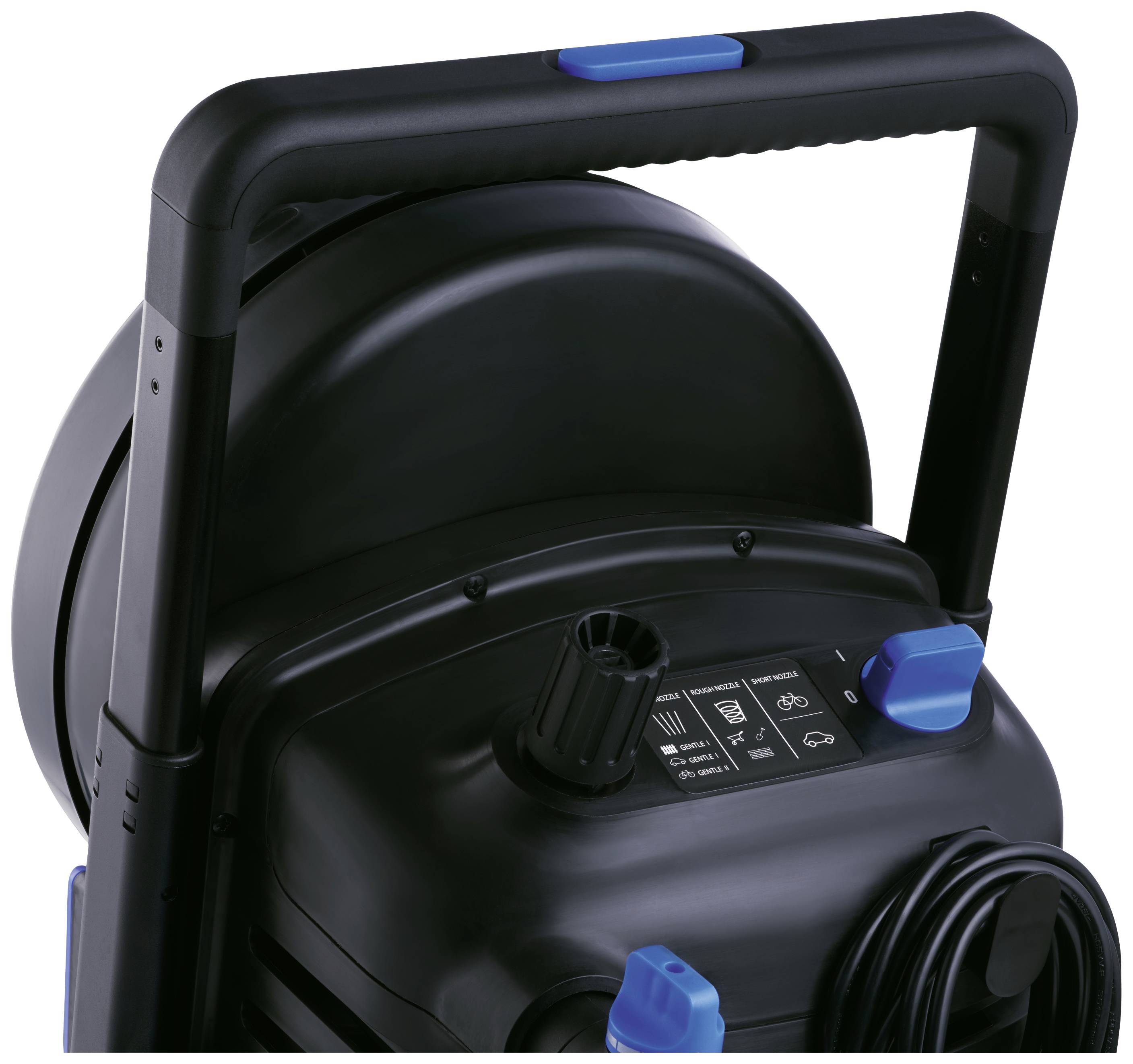 Ein Tragbügel mit einem Griff und Schlauchanschluss. An der Oberseite befinden sich blaue Drehknöpfe und ein Bedienfeld mit Symbolen.