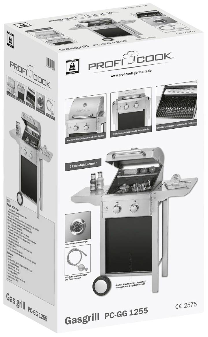 Profi Cook PC-GG 1255 Holzkohle Gas-Grill 2 Brenner, mit manueller Temperatureinstellung, Thermometer im Deckel Edelstahl