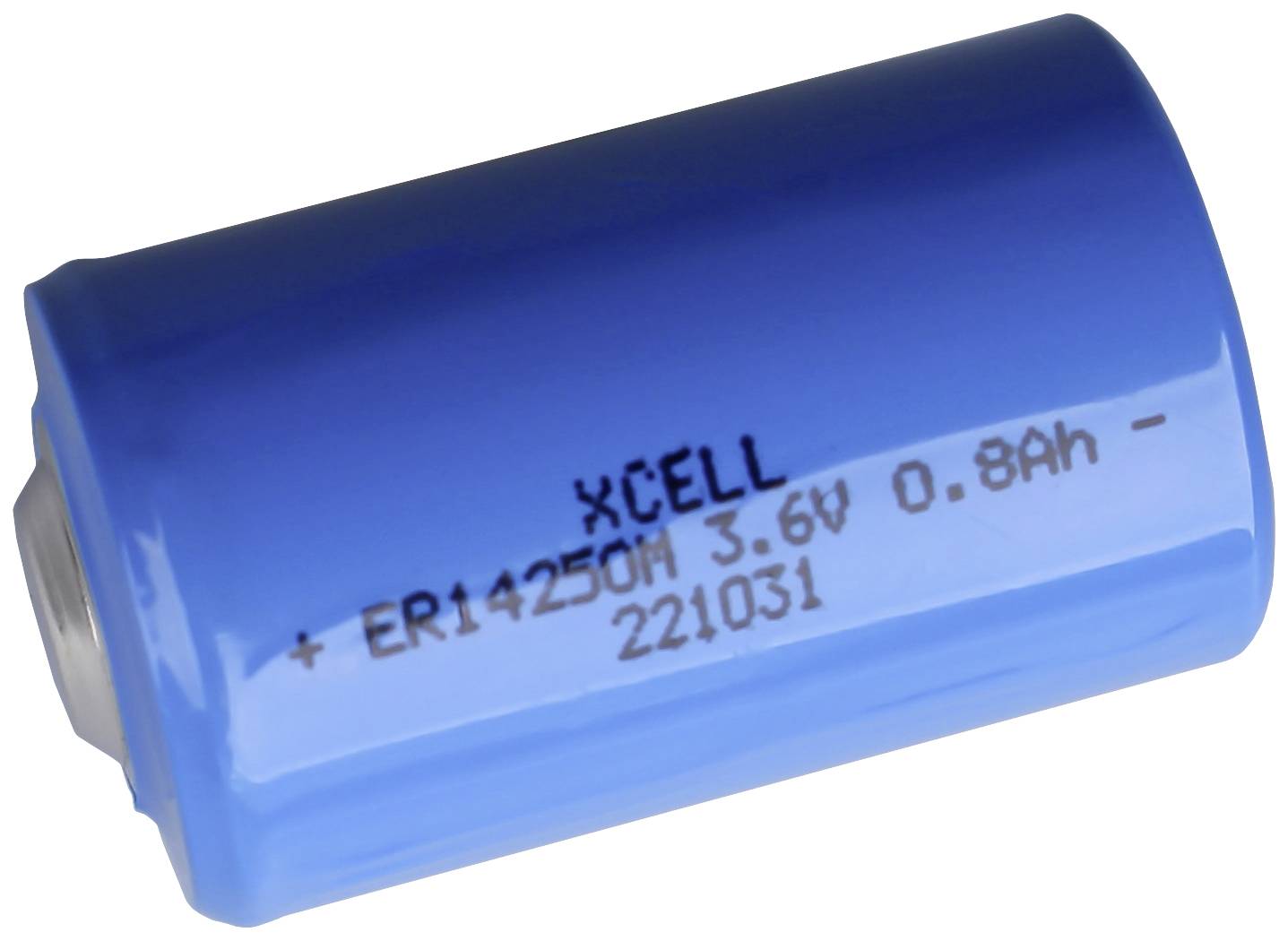 Blauer zylindrischer Akku mit der Aufschrift 'XCELL + ER14250M 3.6V 0.8Ah - 221031'.