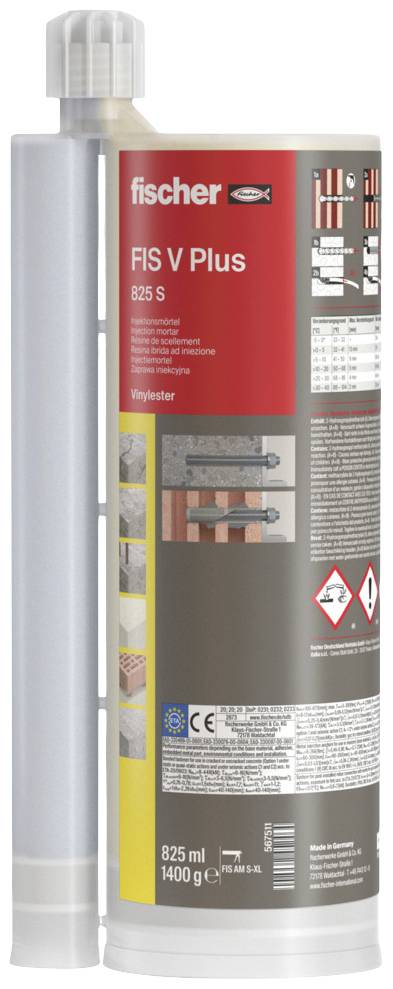 Zwei-Komponenten-Injektionsmörtel von Fischer in einer Kartusche, Modell FIS V Plus 825 S, verwendet zur Befestigung in verschiedenen Materialien.