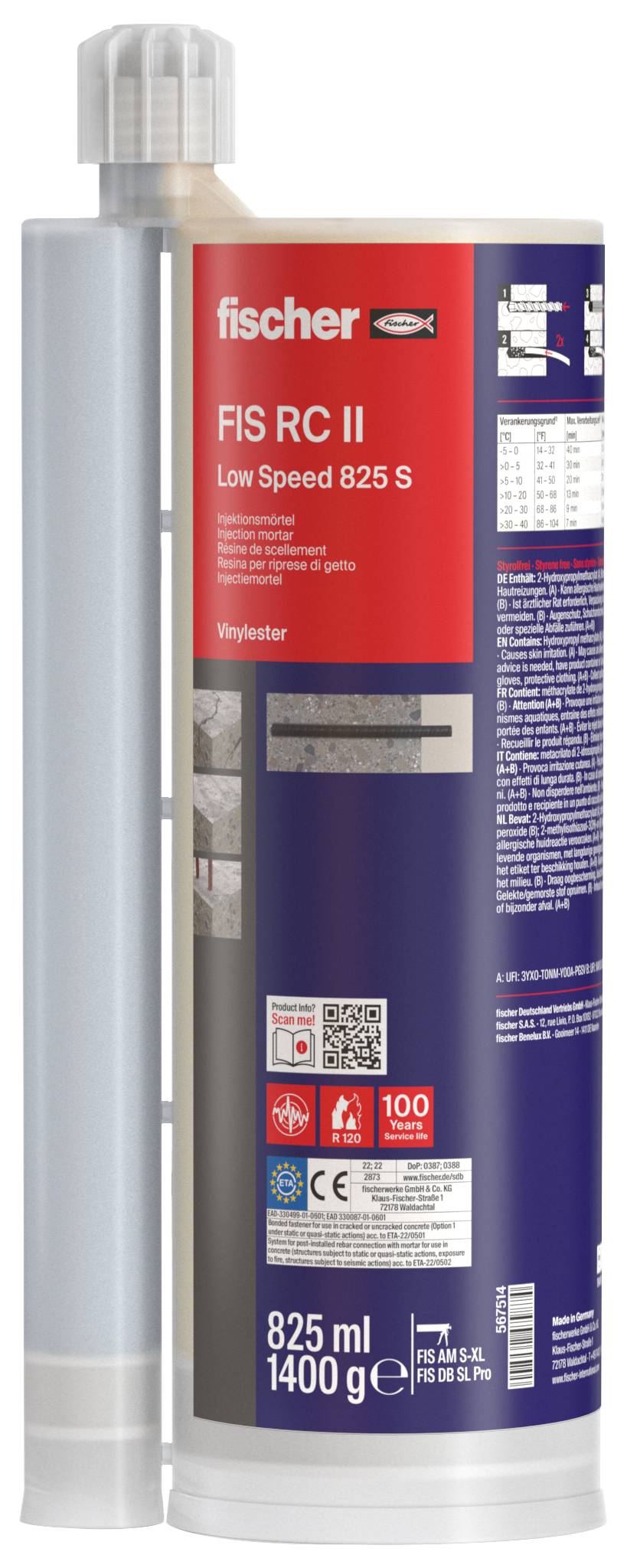 Fotografie einer Fischer FIS RC II Low Speed 825 S 825 ml/1400 g Konstruktionsklebstoff-Kartusche mit Mischdüse.