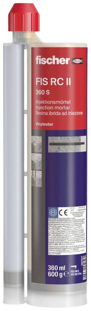 Kartusche mit der Aufschrift 'fischer FIS RC II 360 S', beinhaltet Injektionsmörtel. Geeignet für Bauanwendungen. Volumen: 360 ml.
