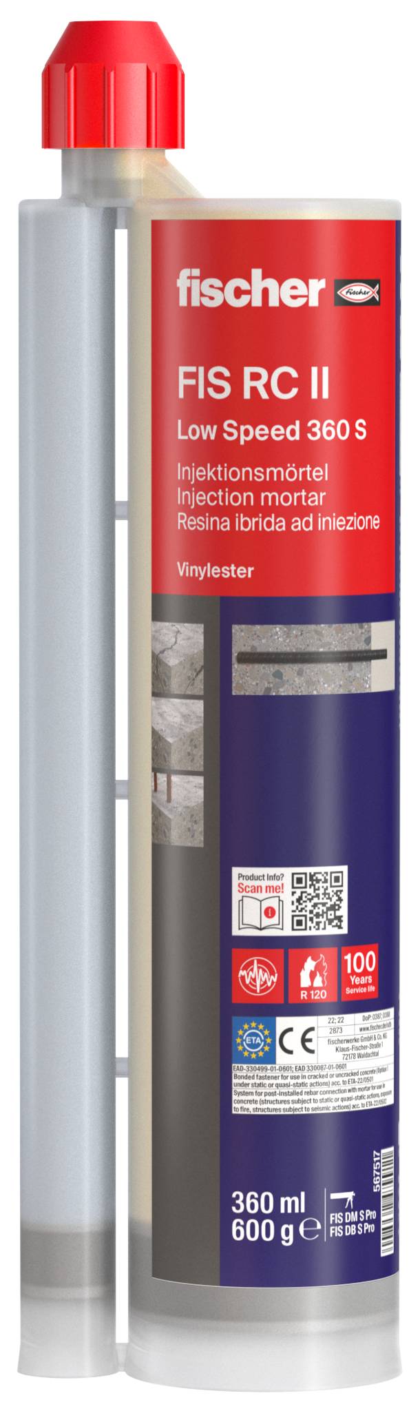 Foto einer Fischer FIS RC II Niedrig-Drehzahl-360-ml-Injektionsmörttelkartusche mit Düse, gekennzeichnet für Mauerwerk-/Harzanker-Injektion.