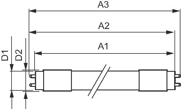 Schemazeichnung einer Leuchtstoffröhre mit den Längen A1, A2, A3 und Durchmessern D1, D2 gekennzeichnet.