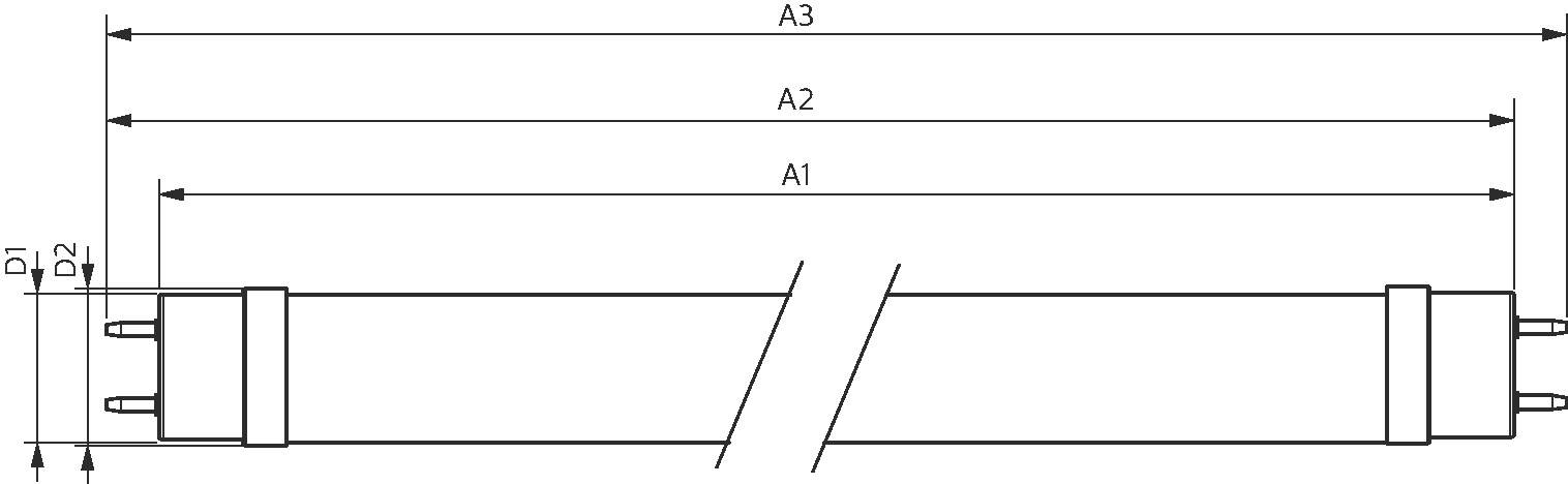 Diagramm einer Leuchtstoffröhre mit Abmessungen: A1, A2, A3 und Durchmesser D1, D2 an den Enden.