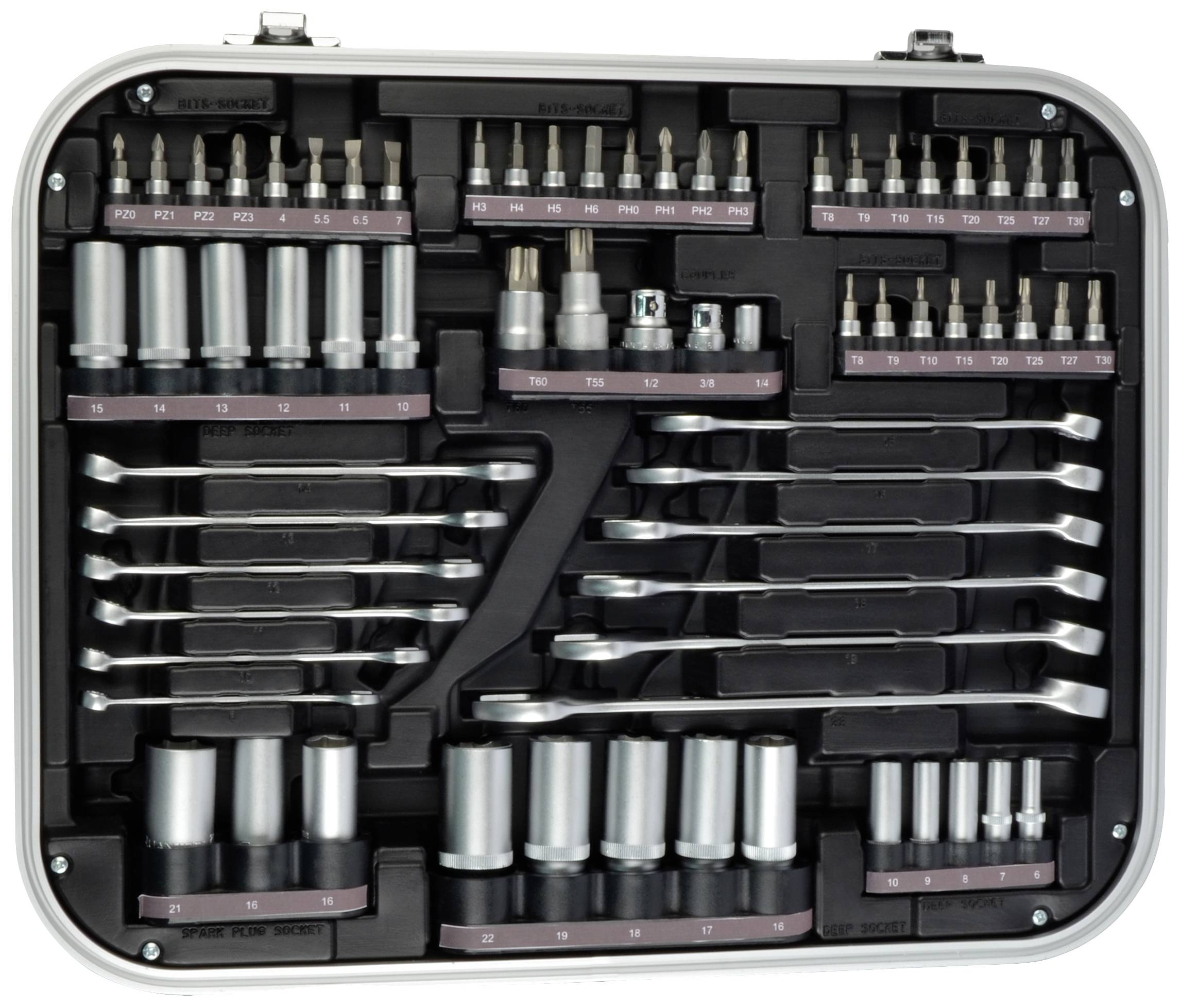 Ein offener Werkzeugkoffer zeigt eine geordnete Sammlung von Schraubenschlüsseln, Steckschlüsseln und Bits in verschiedenen Größen.