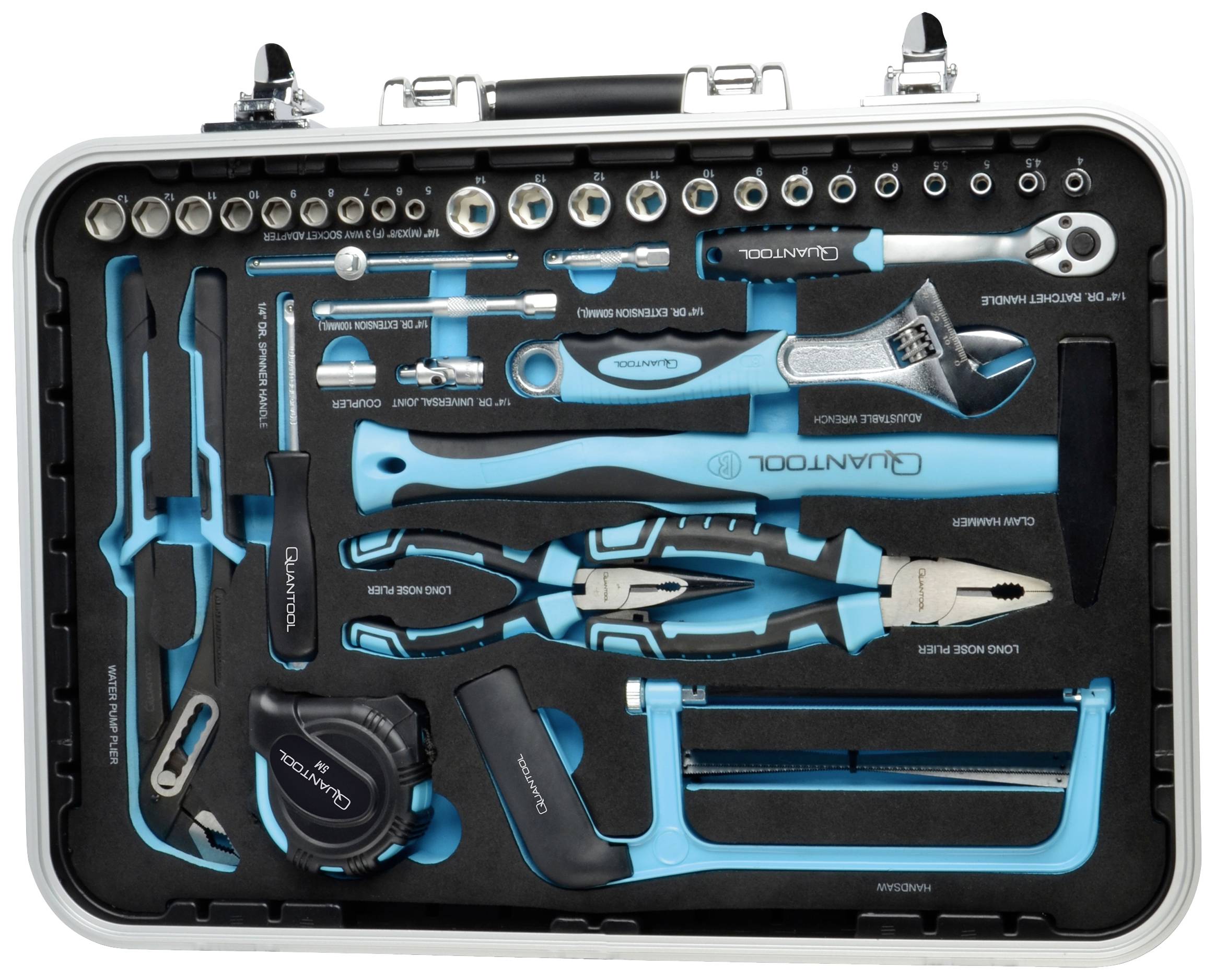 Ein Werkzeugkoffer mit verschiedenem Werkzeug, darunter Zangen, Schraubenschlüssel, Schraubendreher und ein Zollstock, alle in einem geordneten Einsatz.