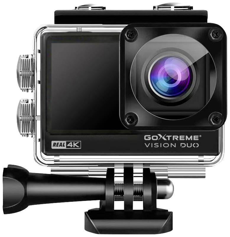 Eine Action-Kamera, GoXtreme Vision Duo, mit 4K-Auflösung. Sie ist in einem wasserdichten Gehäuse montiert, ideal für Outdoor-Aufnahmen.