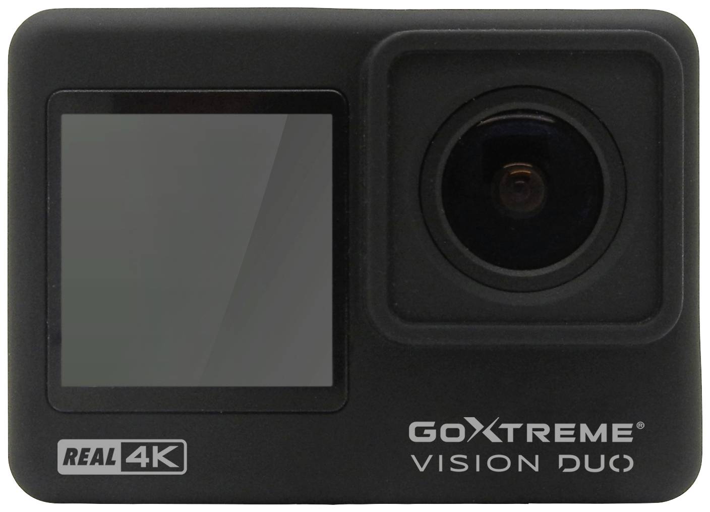 'GoXtreme Vision Duo Kamera' mit Objektiv und Bildschirm in schwarzem Gehäuse. Enthält 'Real 4K'-Logo.