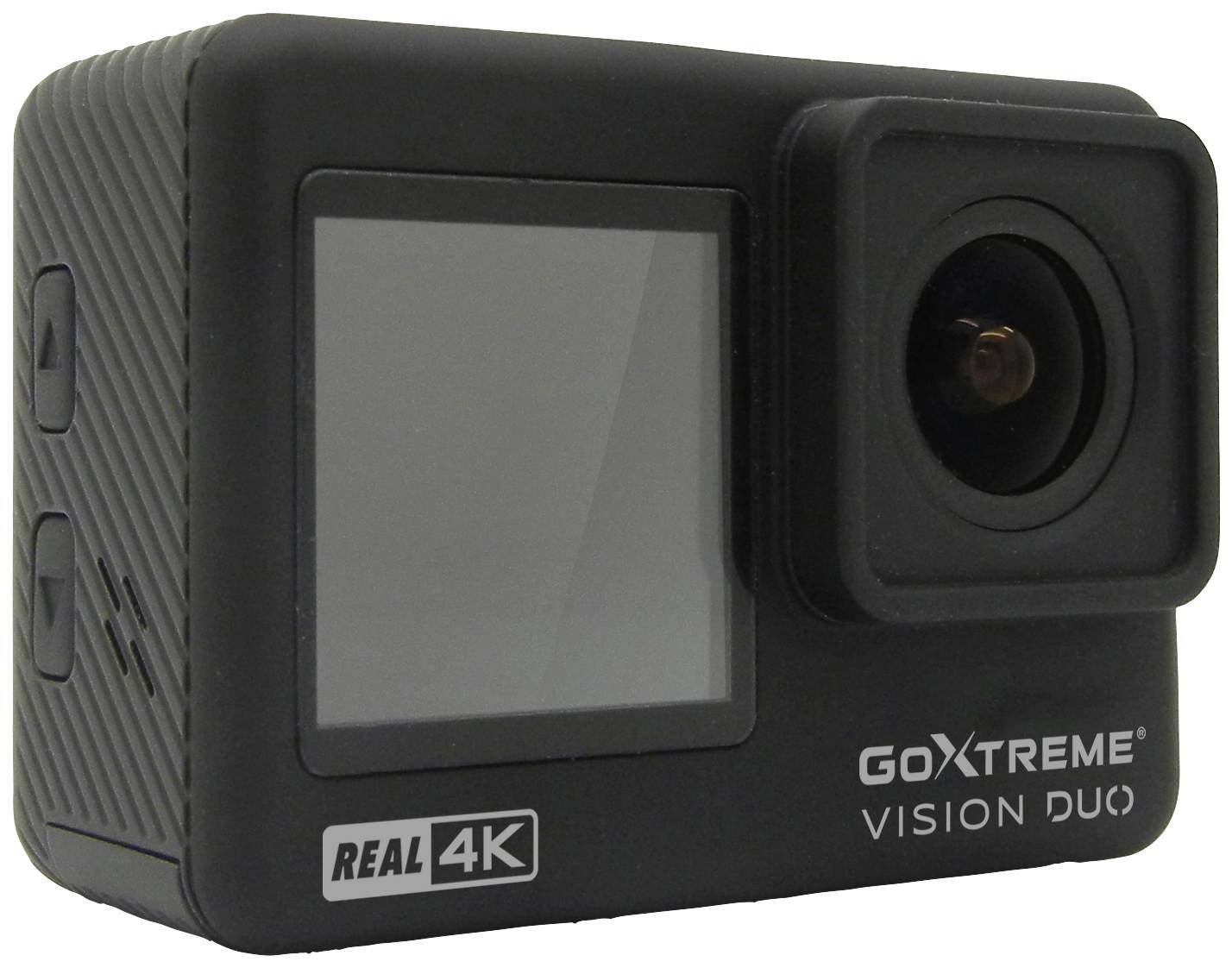 Schwarze Action-Kamera 'GoXtreme Vision Duo' mit 4K-Auflösung, Linsensystem rechts, Bildschirm links auf der Gehäusevorderseite.