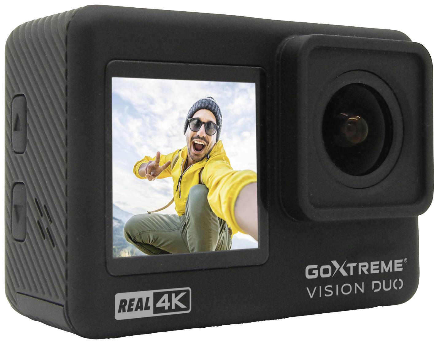 Eine schwarze Action-Kamera mit Bildschirm zeigt einen lächelnden Mann im gelben Hoodie, der ein Selfie macht. Aufschrift: 'REAL 4K, GoXtreme Vision Duo'.