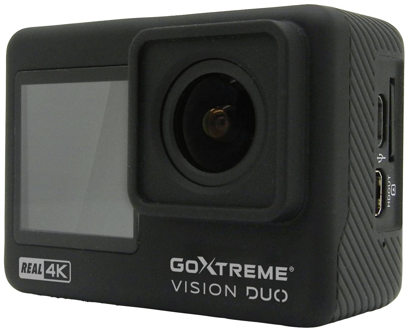 Eine schwarze Action-Kamera, Modell 'GoXtreme Vision Duo', mit 4K-Auflösung. Sie verfügt über ein Display und mehrere Anschlüsse.