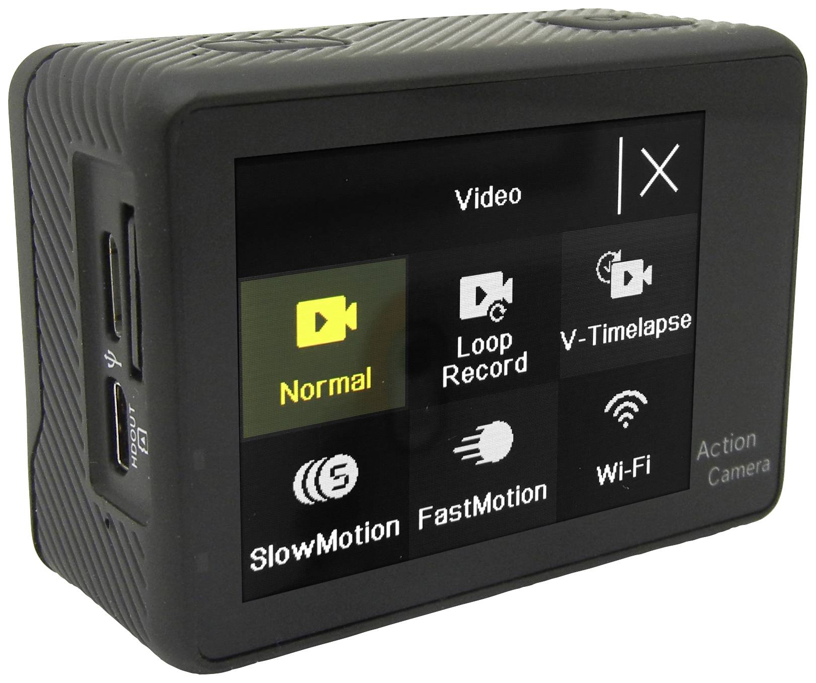 Kamera mit Display zeigt Optionen: 'Normal', 'Loop Record', 'V-Timelapse', 'SlowMotion', 'FastMotion', 'Wi-Fi'. Links: Speicherkartenslot und USB-Anschluss.