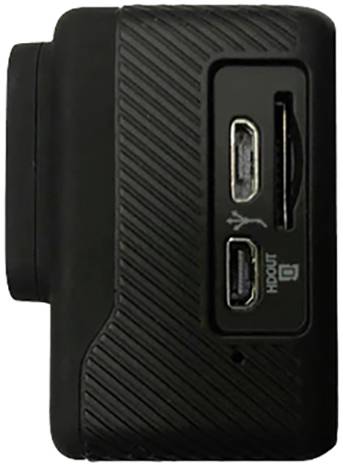 Eine schwarze, rechteckige Action-Kamera mit Anschlüssen auf der Seite für HDMI und USB.