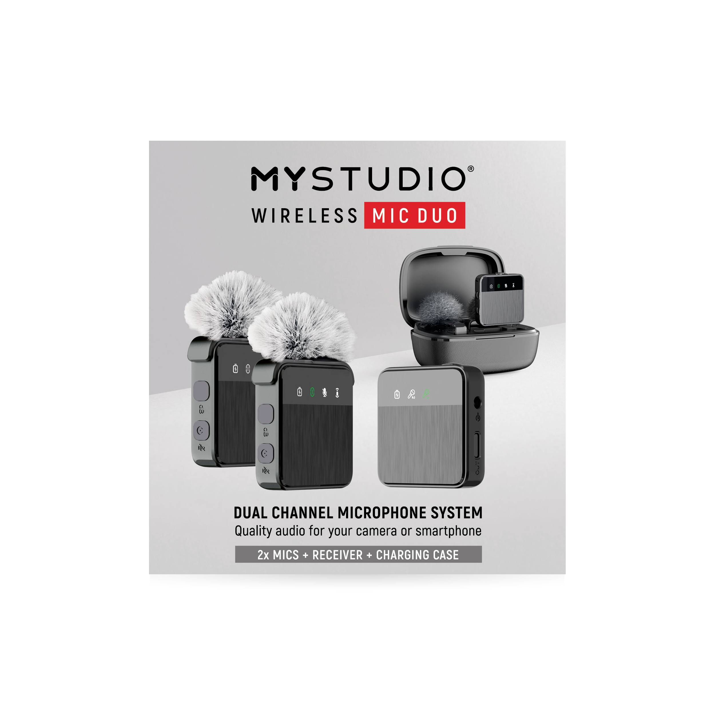 Pakung von MYSTUDIO Wireless Mic Duo. Enthält zwei Mikrofone, Empfänger und Ladestation. Für hochwertige Audioaufnahmen geeignet.