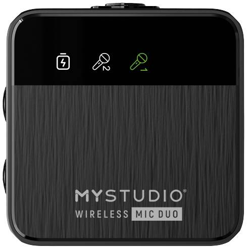Schwarzer drahtloser Mikrofonsender mit Batterie- und Mikrofonsymbolen auf dem Display. Logo 'MYSTUDIO WIRELESS MIC DUO' unten.