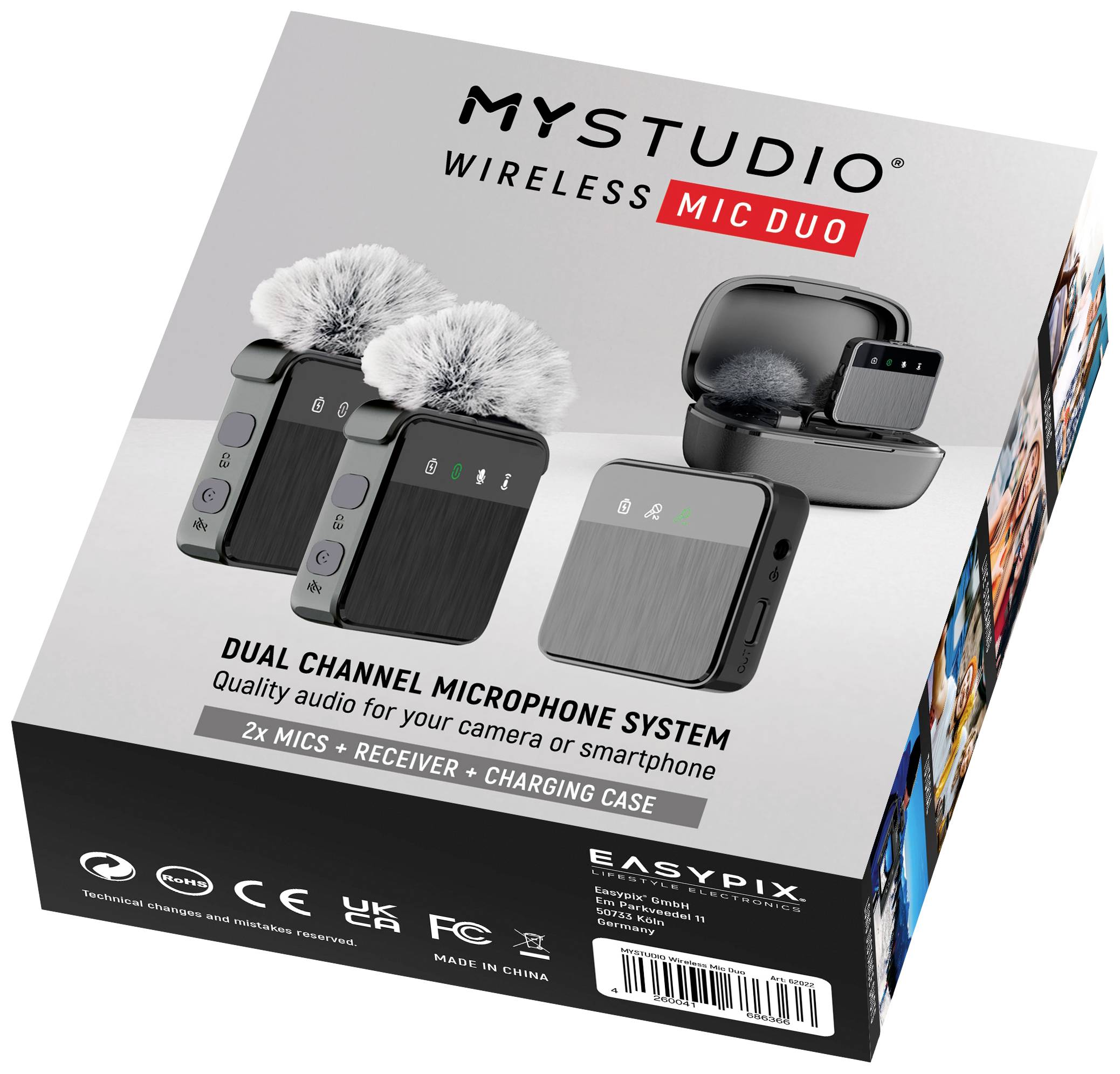 Zwei kompakte drahtlose Mikrofone, Empfänger und Ladeetui. Verpackung mit der Aufschrift 'MYSTUDIO Wireless Mic Duo'. Geeignet für Kamera oder Smartphone.