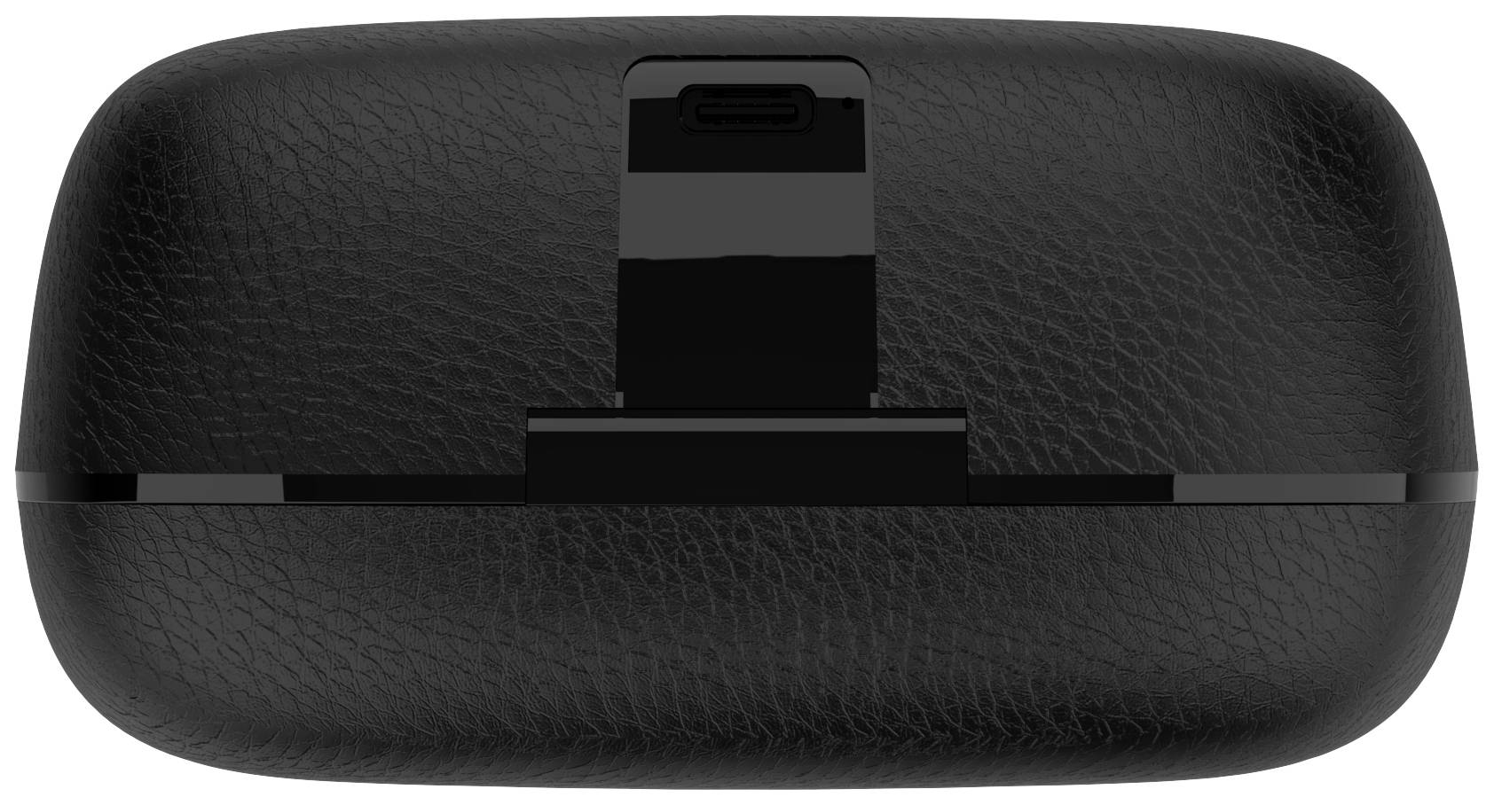 Schwarzes, strukturiertes Etui mit USB-C-Anschluss an der Oberseite, Ansicht von vorne.
