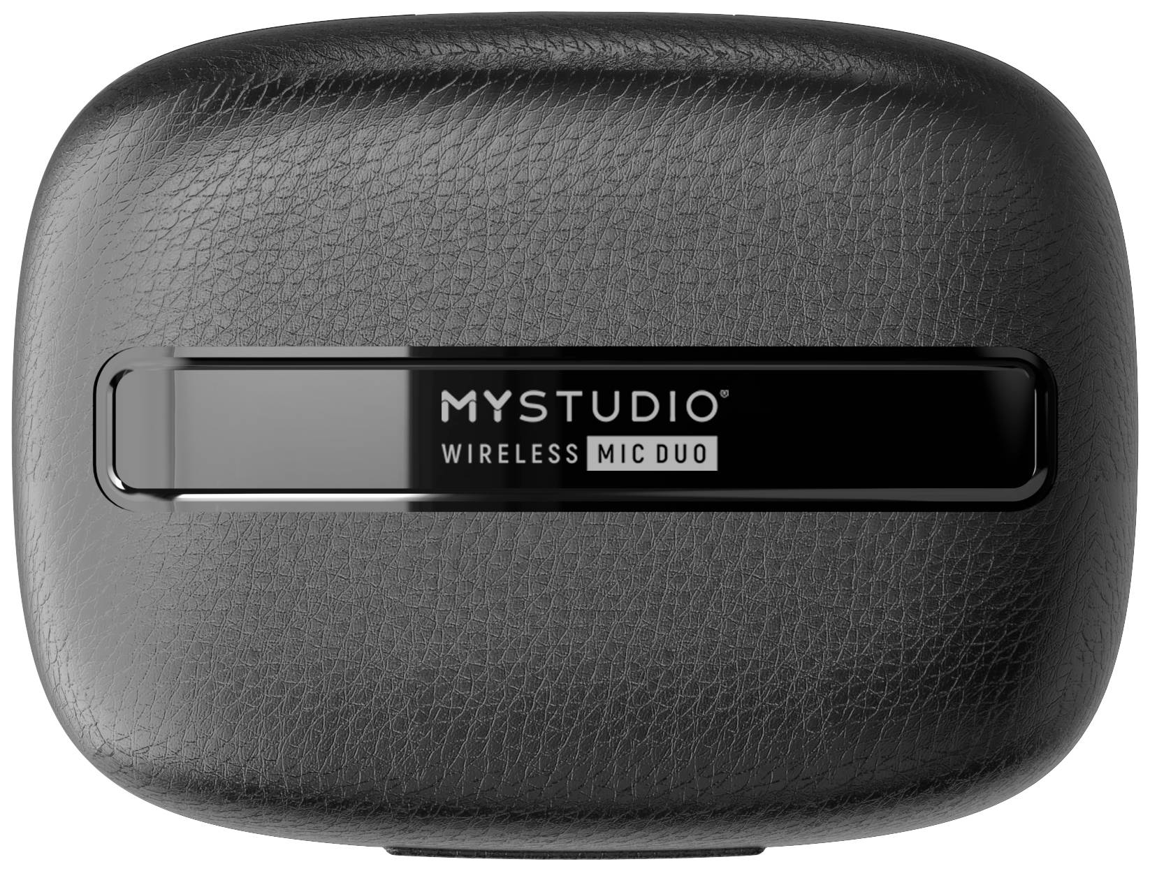 Schwarze, rechteckige Tragetasche mit Text 'MYSTUDIO Wireless Mic Duo' auf der Vorderseite. Enthält kabelloses Mikrofonsystem.