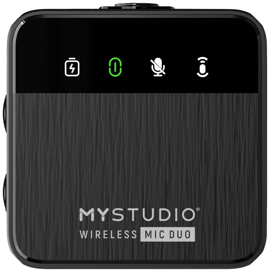 'MY STUDIO Wireless Mic Duo' Empfänger mit LED-Anzeigen für Batterie, Verbindung und Mikrofoneingang.