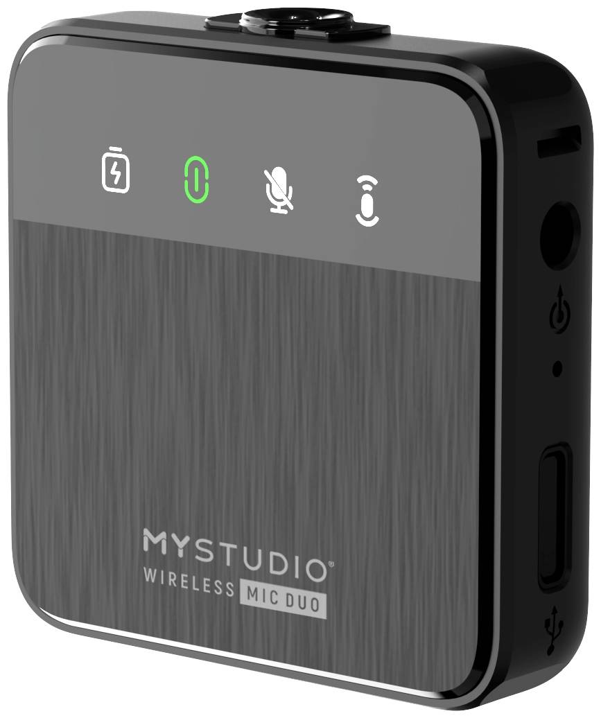 Kompaktes, schwarzes kabelloses Mikrofongerät mit Symbolen für Batterie, Verbindung, Mikrofon und Lautsprecher auf der Vorderseite.