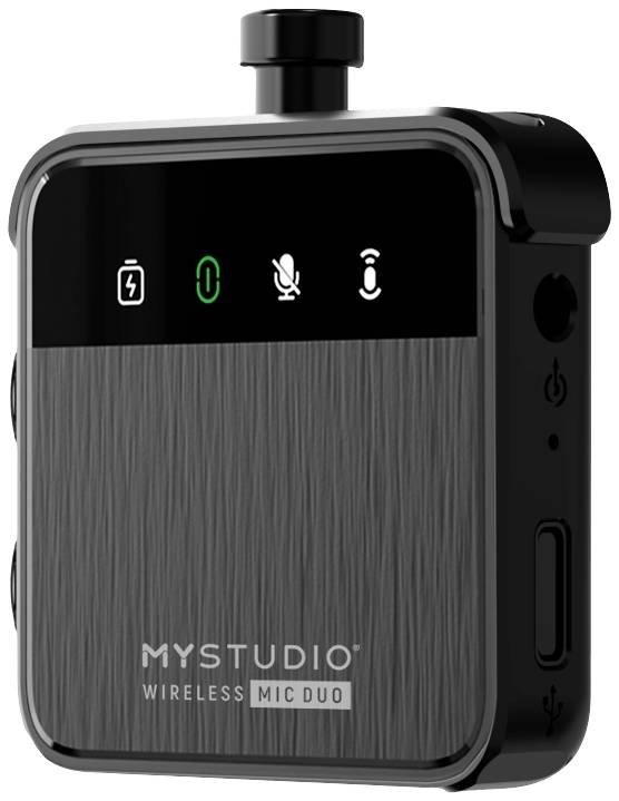 Kabelloses Mikrofon mit Anzeigeleuchten für Batterie, Verbindung, Stummschaltung und Nutzung. Markierung 'MYSTUDIO WIRELESS MIC DUO'.