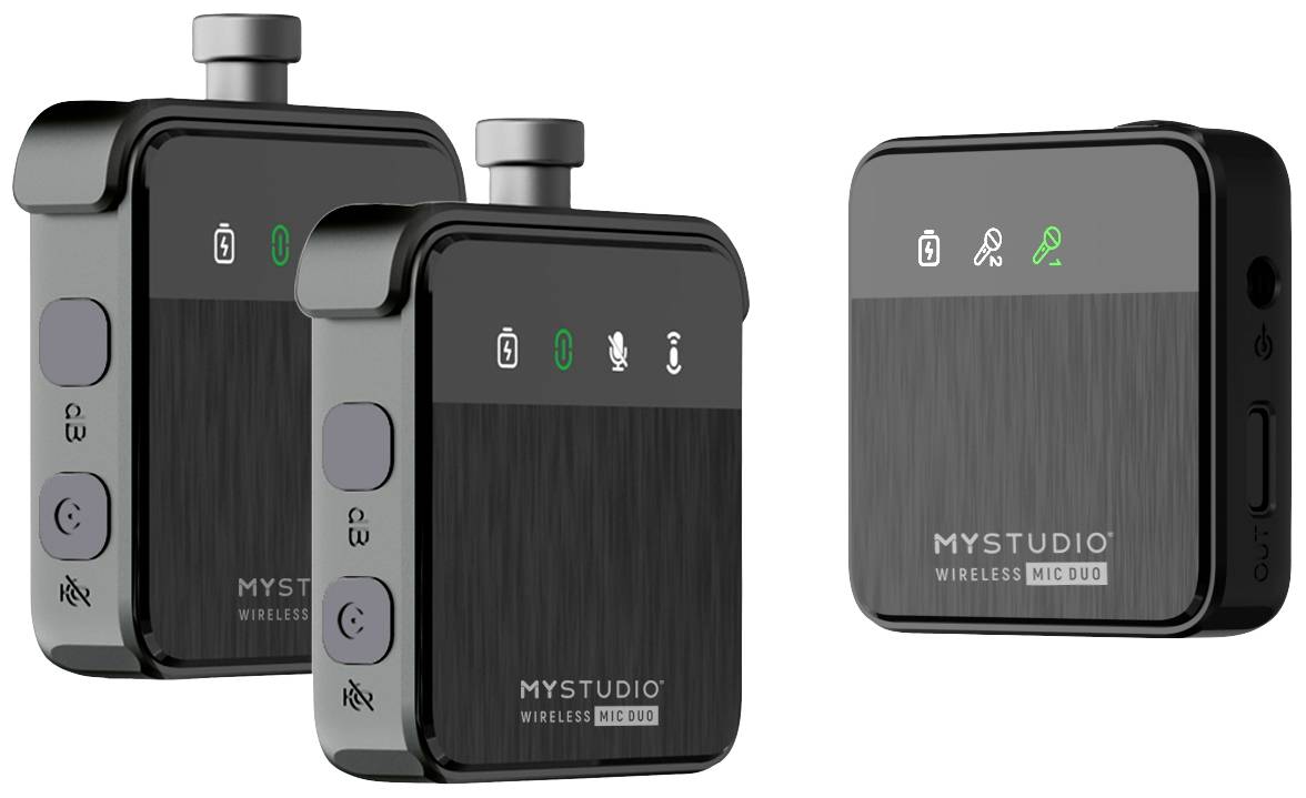 Zwei schwarze drahtlose Mikrofone und ein Empfänger mit LED-Anzeigen und Markennamen 'MyStudio Wireless Mic Duo', gezeigt von der Seite.