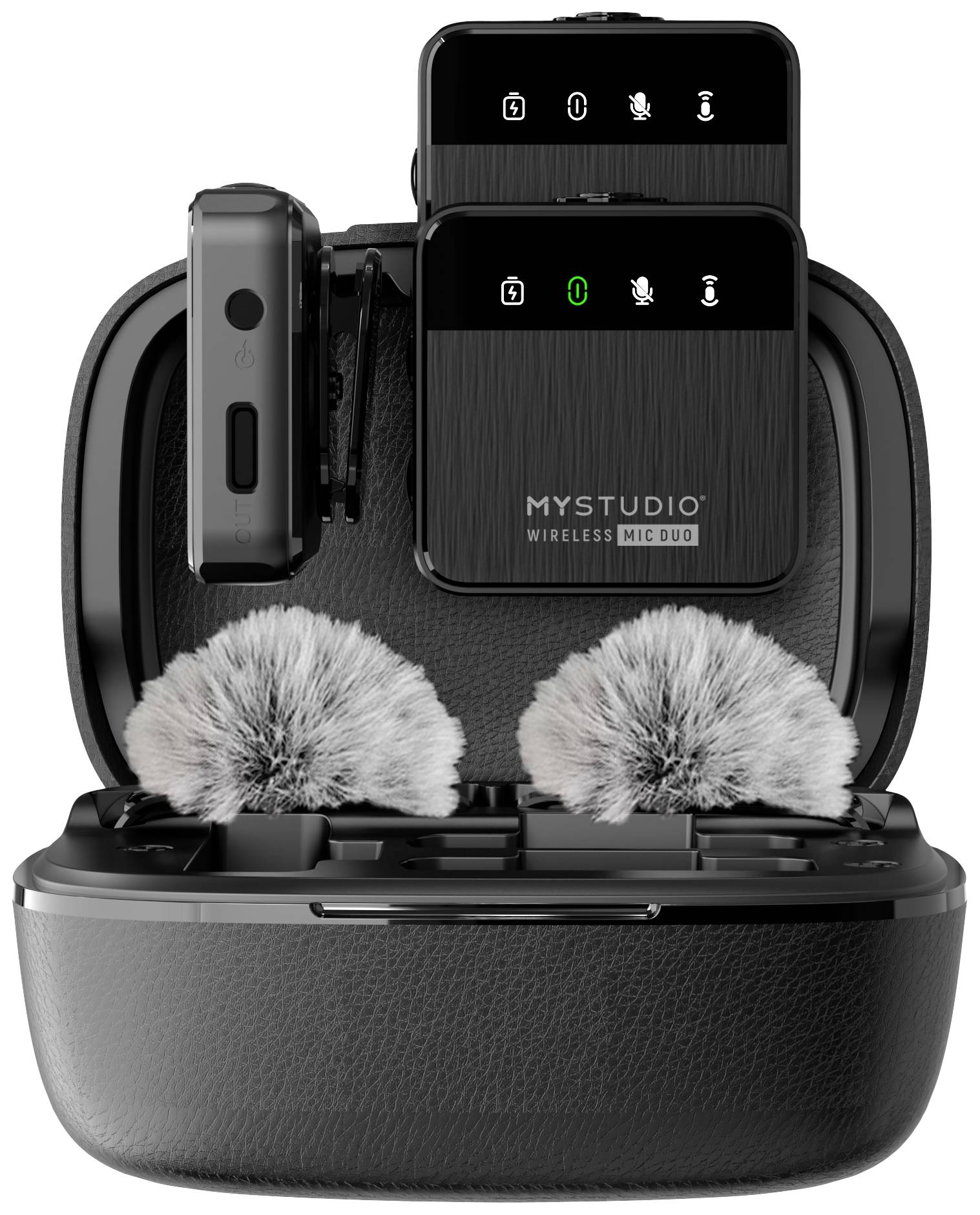 Kabelloses Mikrofon-Set in schwarzem Etui mit zwei Mikrofonen und Fell-Windschutz. Ideal für mobile Audioaufnahmen.