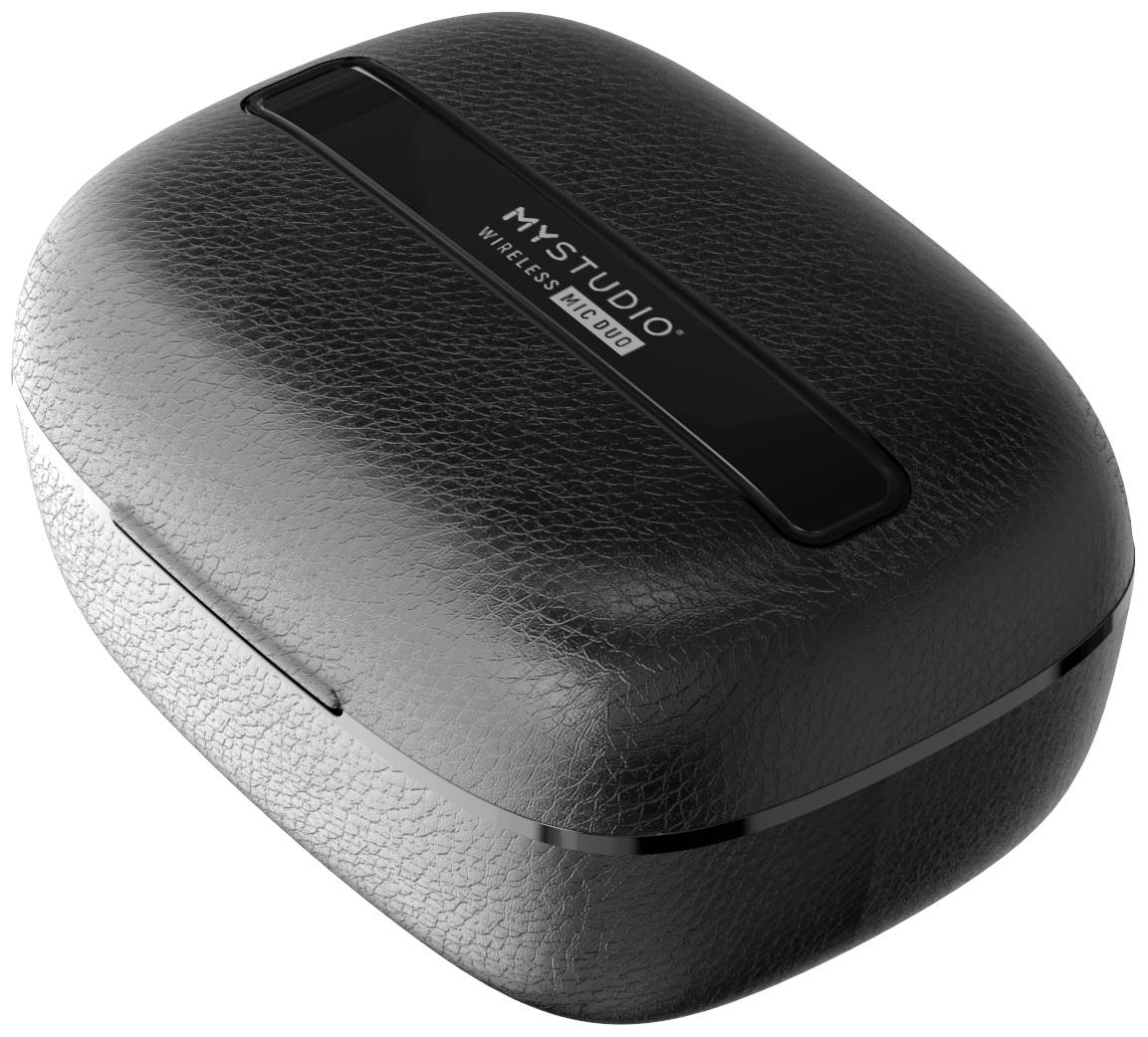 Rechteckige, schwarze Aufbewahrungsbox mit Text 'MYSTUDIO WIRELESS RECHARG' auf dem Deckel.