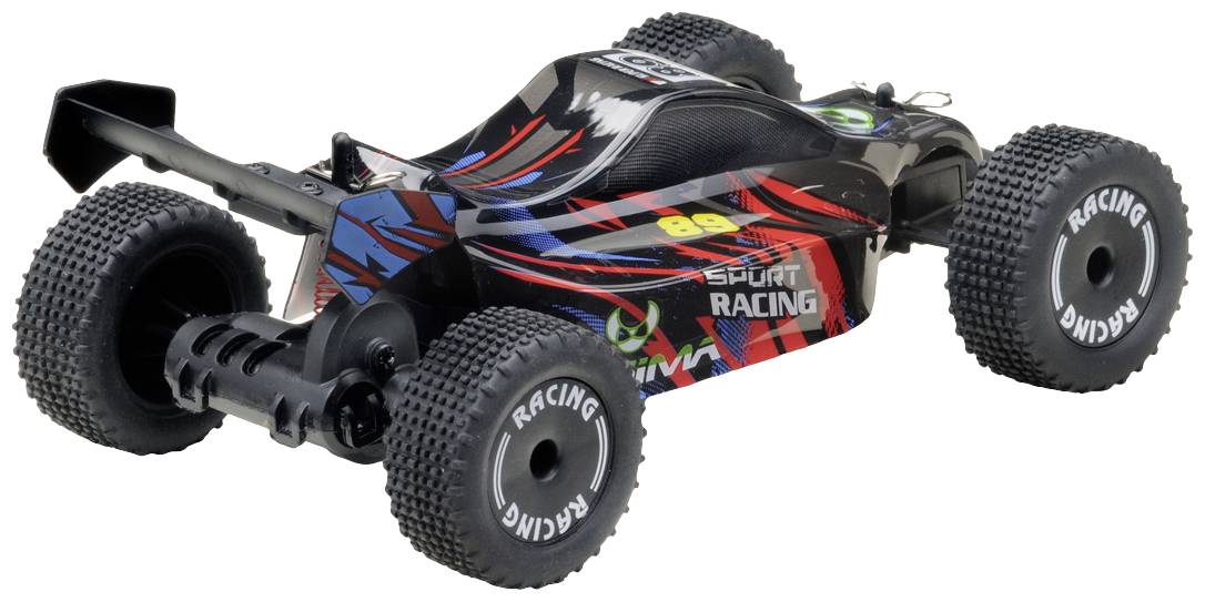 Ein schwarzes Spielzeugauto mit roten und blauen Streifen und der Aufschrift 'Sport Racing' auf der Seite. Es hat dicke Geländereifen.